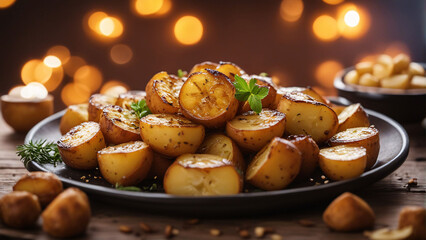Roasted potatoes on a plate.