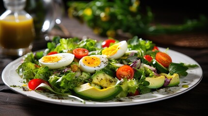 A large salad consisting of mixed greens with avocado or roe is placed on a separate plate. Garnish with salad dressing.