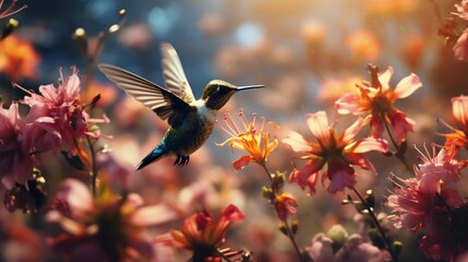 Fototapeta premium Tiny aerial entities partake in nectar-gathering amidst flowers