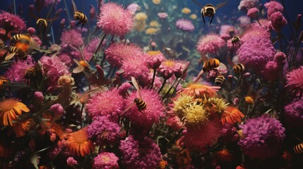 Tiny aerial entities partake in nectar-gathering amidst flowers