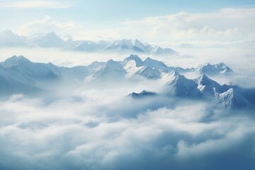 Fototapeta na wymiar Aerial perspective of mountains enveloped in clouds. Generative AI