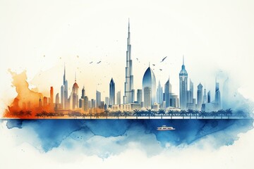 Fototapeta na wymiar Dubai landmarks in watercolor silhouette. Generative AI
