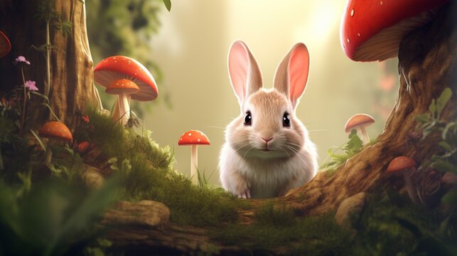 whimsical rabbit peeking out from behind a toadstool in a enchanted forest