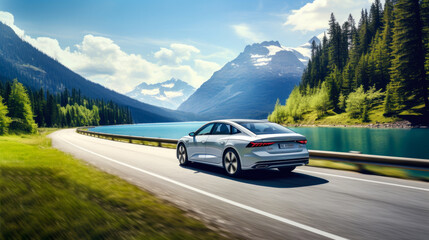 Automotive Reflections: Trees, Mountains, and Water