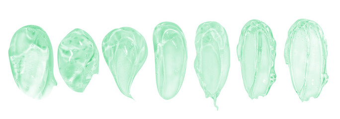 set of smears of transparent green cosmetic gel. On an empty background.