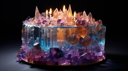 a birthday cake covered in edible, glowing crystals. 