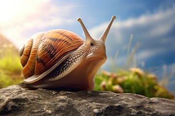 close up a snail on a rock  - obrazy, fototapety, plakaty
