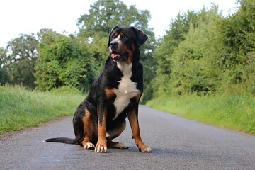 Portrait of A large Swiss mountain dog sits on a street
