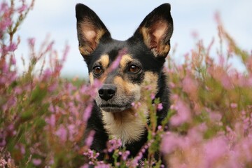 cute little mixed breed dog head portrait in a colorful heather field
