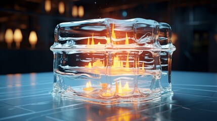 a birthday cake that appears to be made of transparent, glass-like layers. 