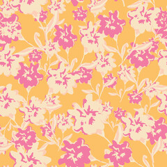 Fototapeta na wymiar Abstract floral seamless pattern. Bright colors, gouache painting. Outline contour lines forming stylized blooming daisy flowers. Curved lines and brush strokes.