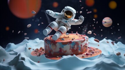 a birthday cake that looks like it's floating in zero gravity. 
