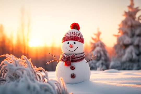 Winter scenery with snowman in snowdrift. Merry Christmas and Happy New Year greeting card. 