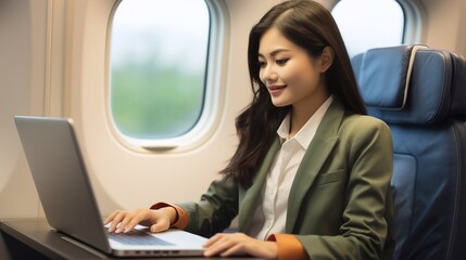 Airborne Efficiency Young Woman Tapping into Laptop on Flight Nurtured by Generative AI