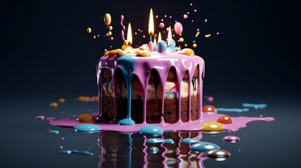 a birthday cake that seems to be melting into a pool of liquid. 