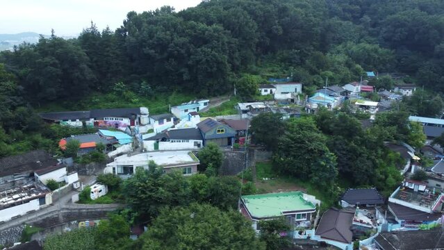 Jaman Mural Village at Jeonju Hanok Village from aerial drone view. 자만벽화마을.