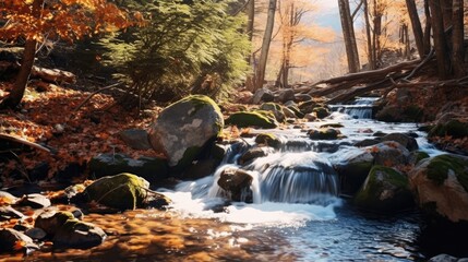 Mountains. Falling water. Beautiful stream in the autumn forest. the sun shines