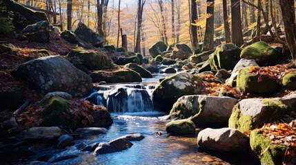 Fototapeta premium Mountains. Falling water. Beautiful stream in the autumn forest. the sun shines