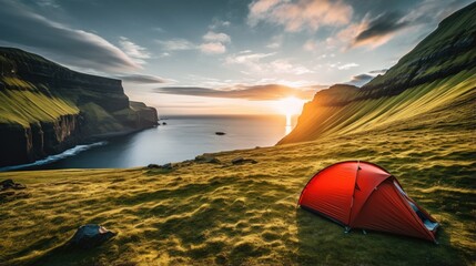 The Faroe Islands have steep cliffs. Seaside fjords, waterfalls and fields - obrazy, fototapety, plakaty