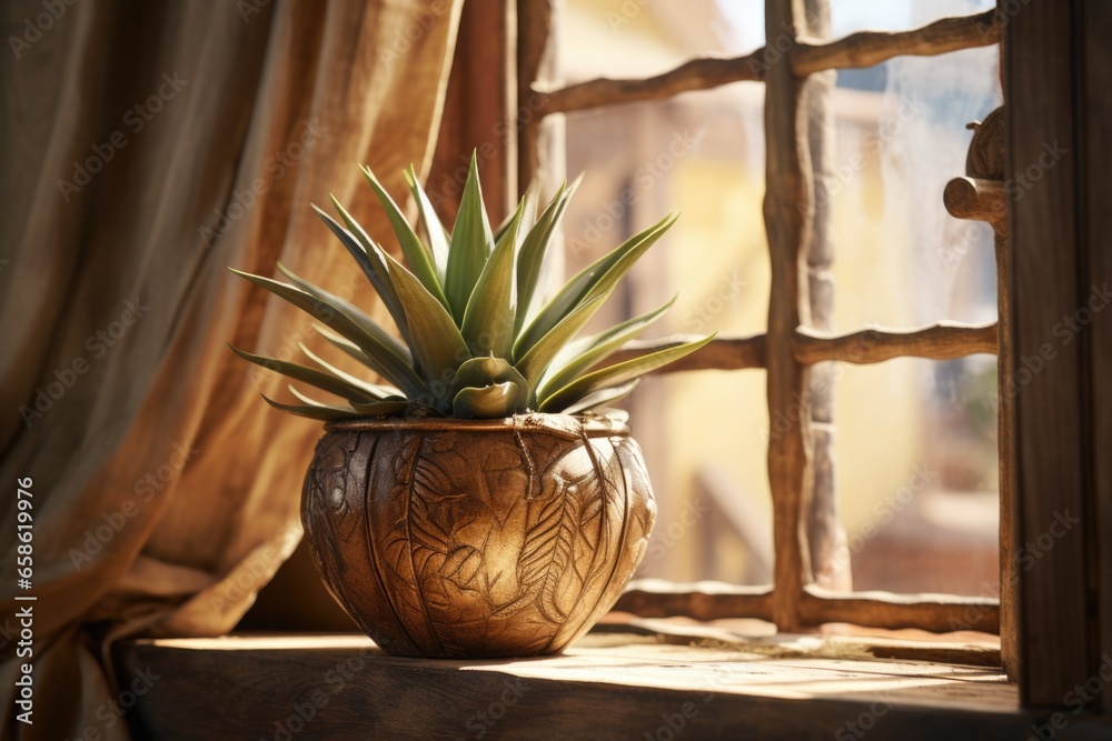 Poster a potted plant sitting on a window sill. can be used to add a touch of nature to interior design or 