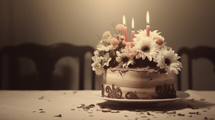 a birthday cake with a vintage, sepia-toned look. 