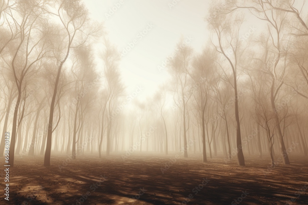 Poster a misty forest with a dense cluster of trees. ideal for nature lovers and outdoor enthusiasts. .