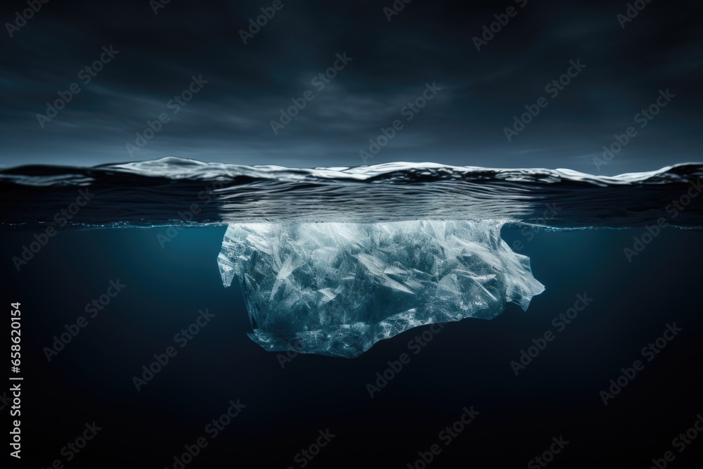 Poster An iceberg floating in the ocean under a cloudy sky. Suitable for nature and climate change-related themes.