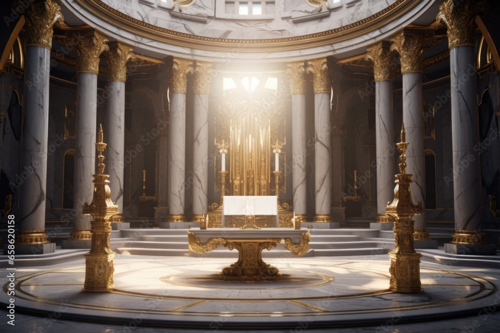 Poster a picture of a grand church with tall columns and a spacious altar. this image can be used to depict