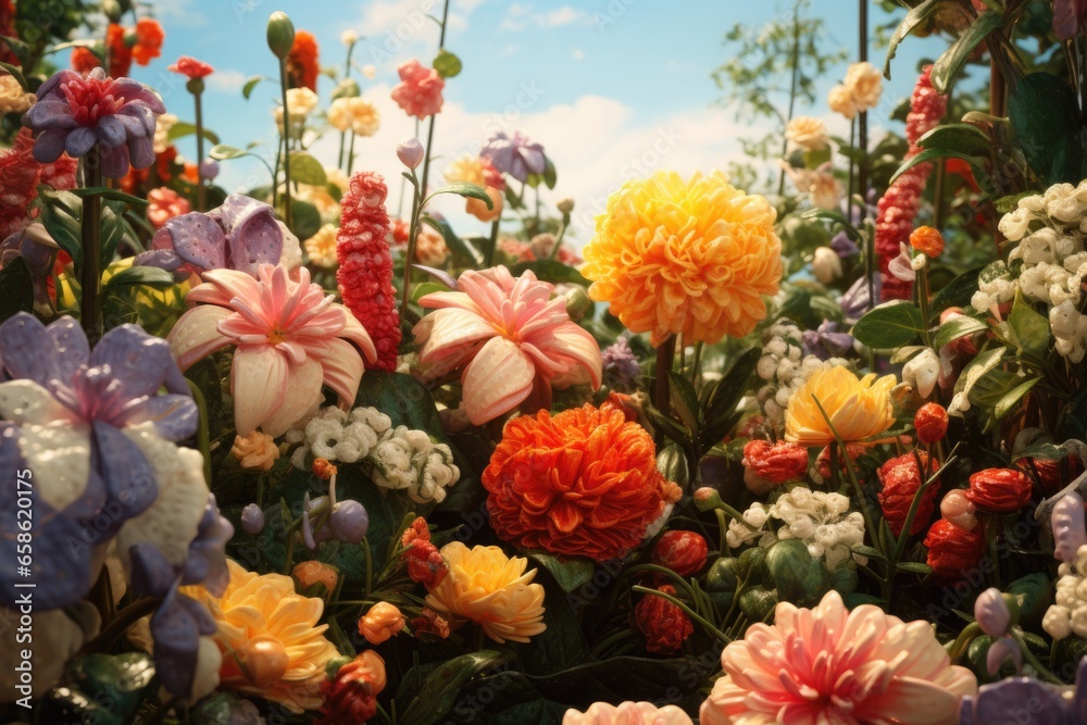 Poster A beautiful field of colorful flowers with a clear blue sky in the background. Perfect for adding a touch of nature and serenity to any project.
