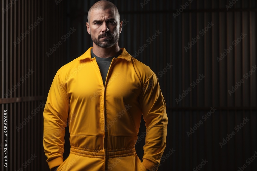 Poster A man wearing a yellow jacket poses for a picture. This versatile image can be used in various contexts.
