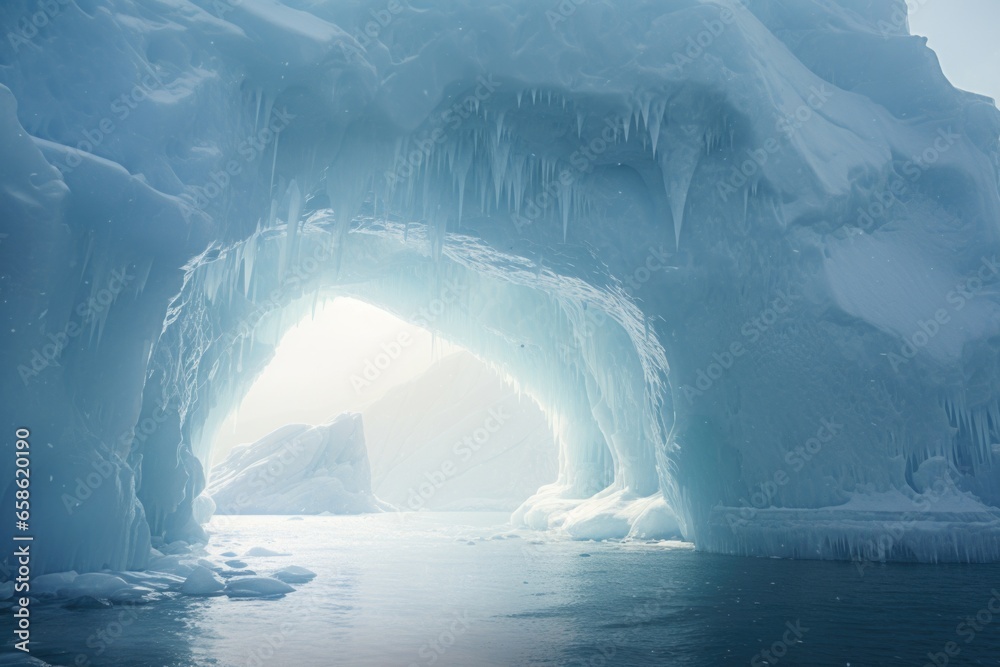 Poster a stunning image of a spacious ice cave with a captivating light at the end. this picture can be use
