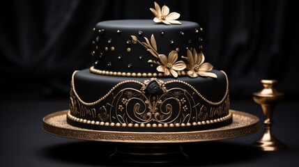 an elegant, black and gold-themed birthday cake with intricate details. 