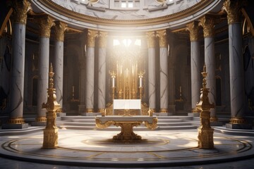 A picture of a grand church with tall columns and a spacious altar. This image can be used to depict religious worship, architectural beauty, or historical significance. .