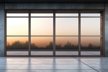 An empty room with large windows overlooking a beautiful sunset. Perfect for interior design inspiration or showcasing the tranquility of nature. .