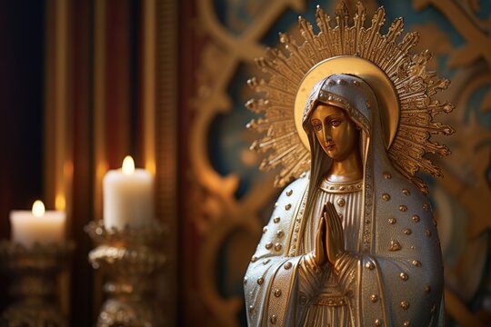 A statue of the Virgin Mary with candles in the background. This image can be used to depict spirituality, religious devotion, or as a symbol of hope and prayer. Suitable for religious publications, w