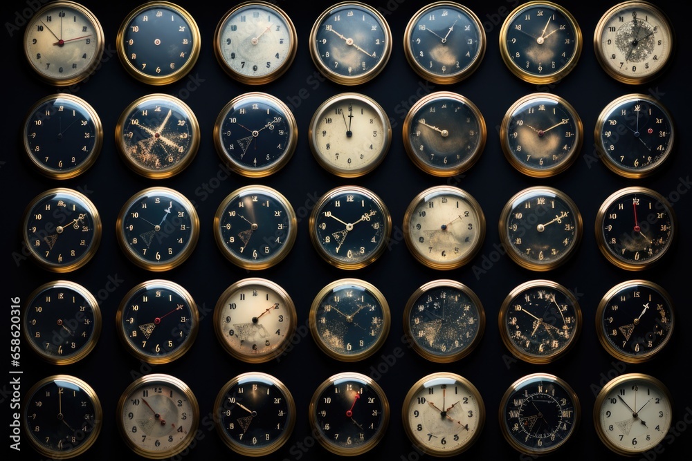 Poster A collection of clocks placed on a table. This image can be used to depict the concept of time management or to illustrate the passing of time in various scenarios.