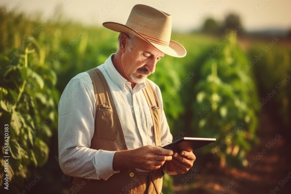 Poster A man wearing a hat is seen using a tablet in a field. This image can be used to depict technology usage, remote work, or outdoor digital activities.