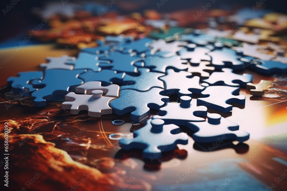 Poster A collection of puzzle pieces sitting on top of a table. This versatile image can be used to represent problem-solving, teamwork, or the concept of fitting pieces together to create a whole.
