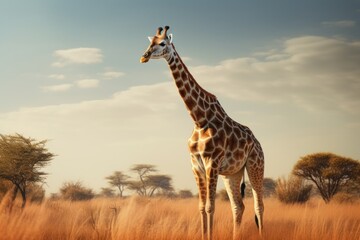 Obraz premium A giraffe standing in the middle of a field. This image can be used to depict wildlife, nature, and animal conservation.