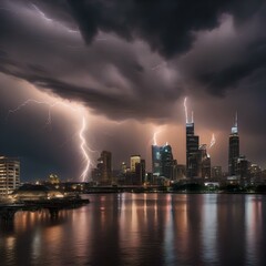 Obraz premium A time-lapse photograph capturing the dynamic patterns of a thunderstorm over a cityscape1