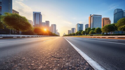 Obraz premium Skyscraper Synchrony Asphalt Road Carves Path through Modern City Empowered by Generative AI