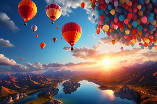 Sky bound Euphoria Balloons Rise with Sunset of Glow Enhanced by Generative AI