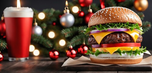 Christmas burger meal concept. Cheeseburger on a wooden table with a christmas tree background. For...