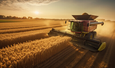 Combine harvester harvesting golden ripe wheat in field. Agriculture concept. Seasonal work of farming machine. Big modern industrial combine harvester reaping wheat grains.