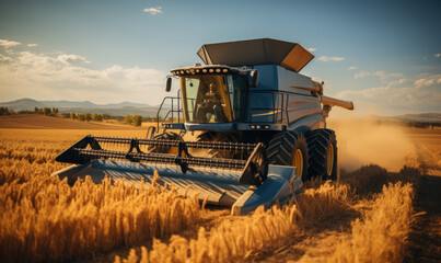 Fototapeta premium Combine harvester harvesting golden ripe wheat in field. Agriculture concept. Seasonal work of farming machine. Big modern industrial combine harvester reaping wheat grains.