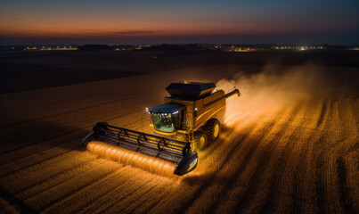 Combine harvester harvesting golden ripe wheat in field at night, aerial view. Agriculture farm concept. Big modern industrial combine harvester with lights reaping wheat grains.