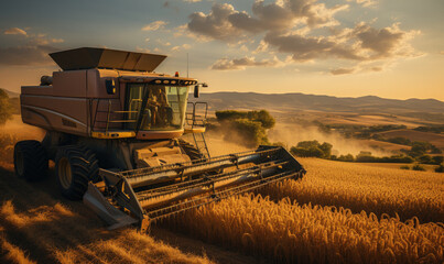 Naklejka premium Combine harvester harvesting golden ripe wheat in field. Agriculture concept. Seasonal work of farming machine. Big modern industrial combine harvester reaping wheat grains.