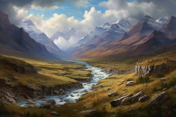 A landscape painting of a river flowing through a valley with mountains, clouds in the sky. Generative AI