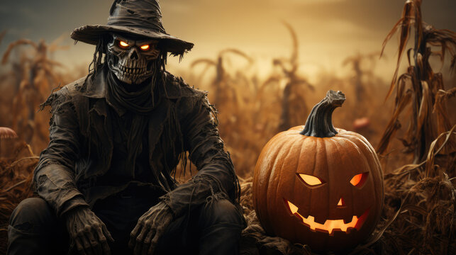 A scary garden scarecrow with glowing eyes sits with a Jack-o-lantern in a corn field. Halloween design. AI generated
