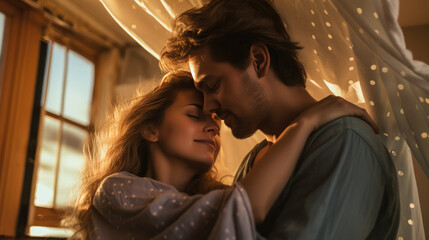 Generative AI, beautiful young man and woman, couple of lovers lying in bed, family, love, romance, passion, guy, girl, day off, sex life, date, valentine's day, relationship, time together, light
